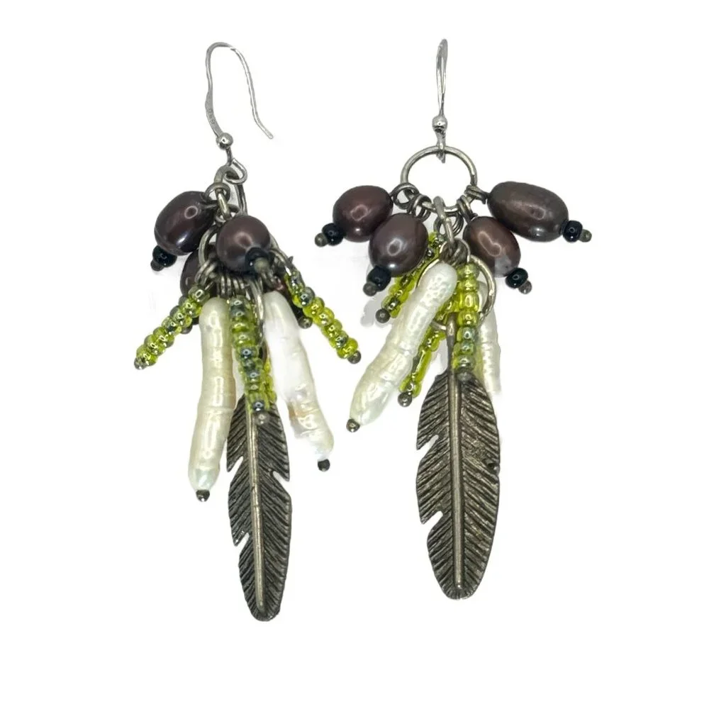 Sterling Genuine Pearl Dangle Earrings Biwa Pearls Feather Detail Beautiful Fun - Picture 1 of 7